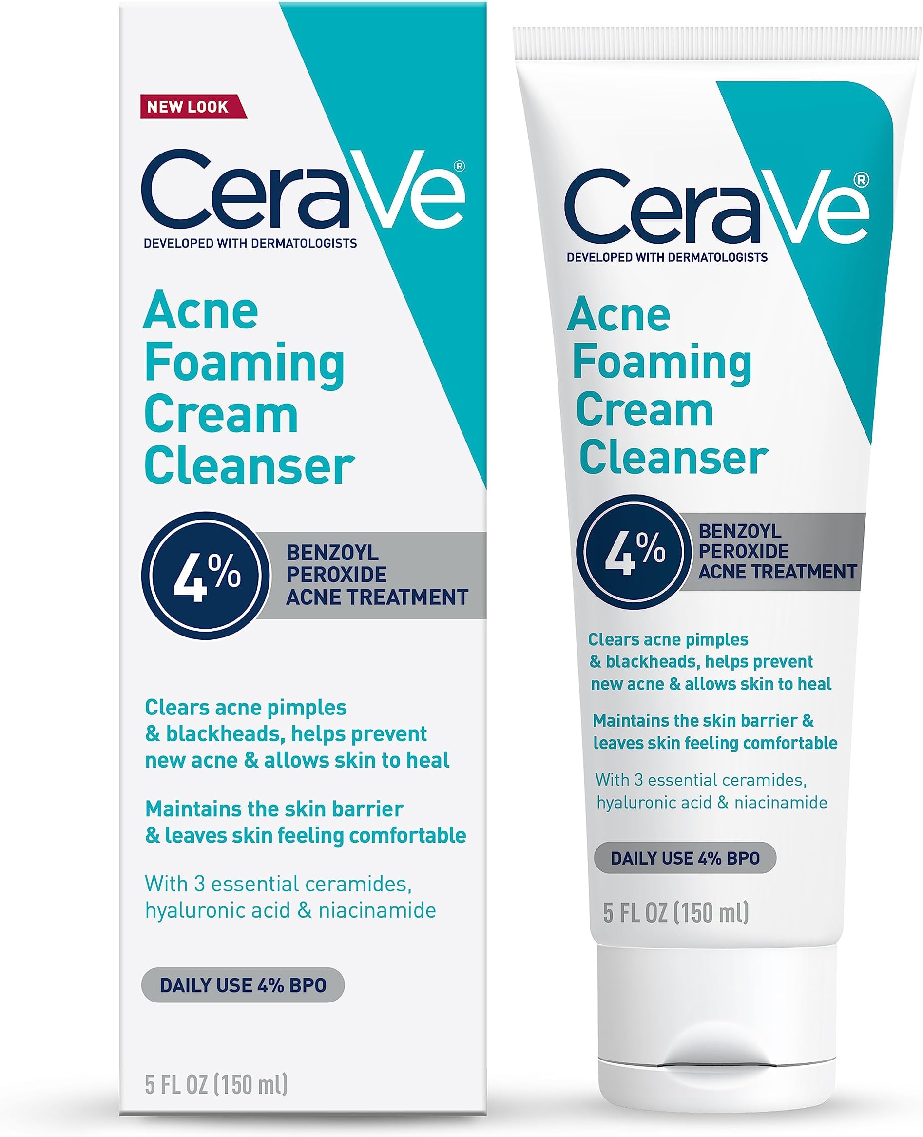 CeraVe Acne Foaming Cream Cleanser – 4% Benzoyl Peroxide & Hydrating Formula
