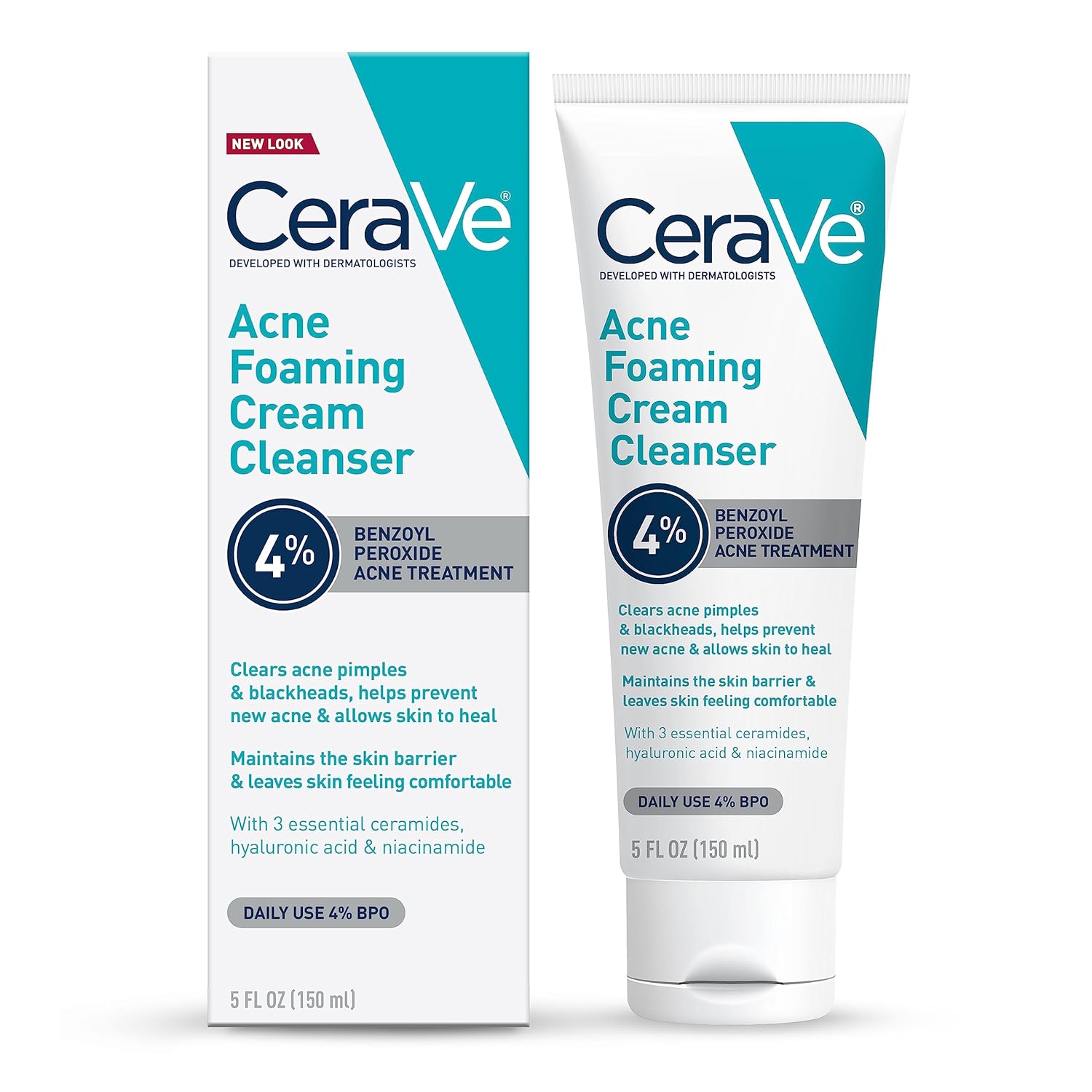 CeraVe Acne Foaming Cream Cleanser – 4% Benzoyl Peroxide & Hydrating Formula